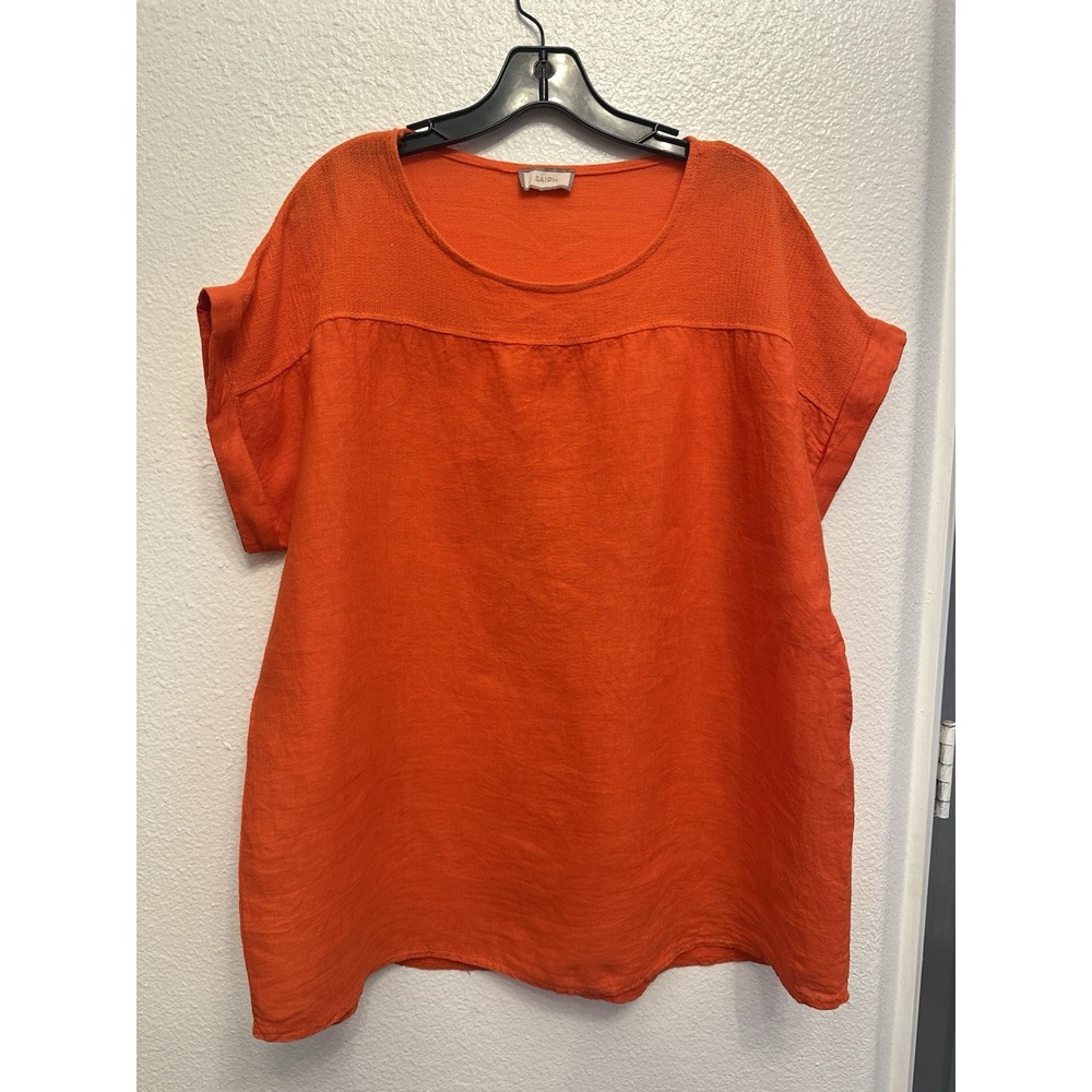 Women's Orange Linen Blend Short Sleeve Blouse